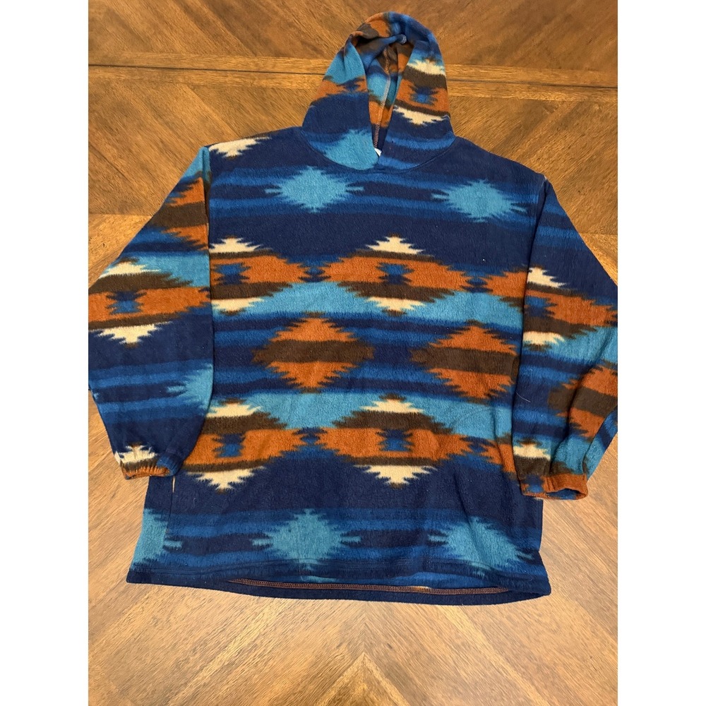 Vintage Denim Express Fleece Hoodie Southwestern Aztec Print Blue Orange Large